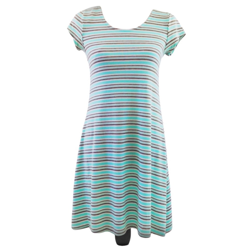 No Comment Women’s Teal Striped Short Sleeve A-Line Skater Dress Small EUC